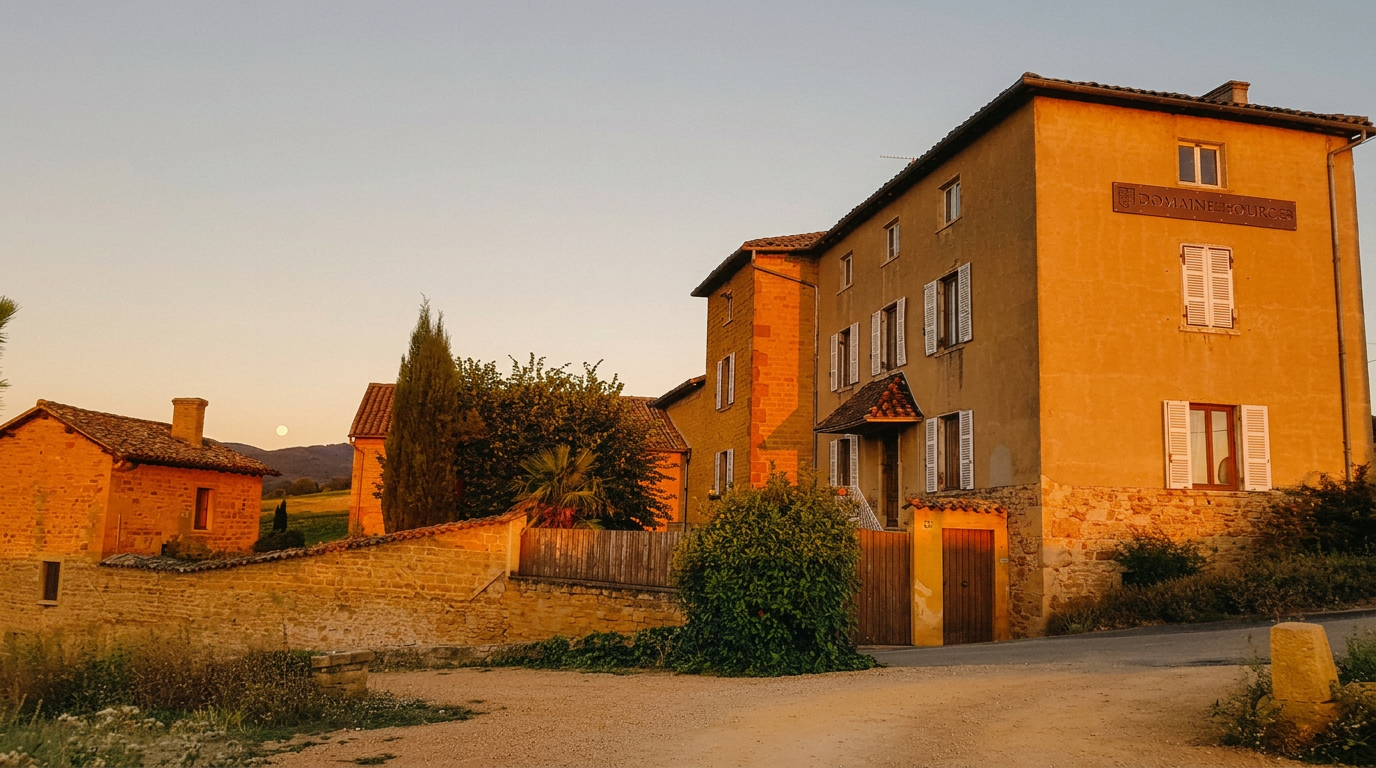 Façade du Domaine des Sources au crépuscule